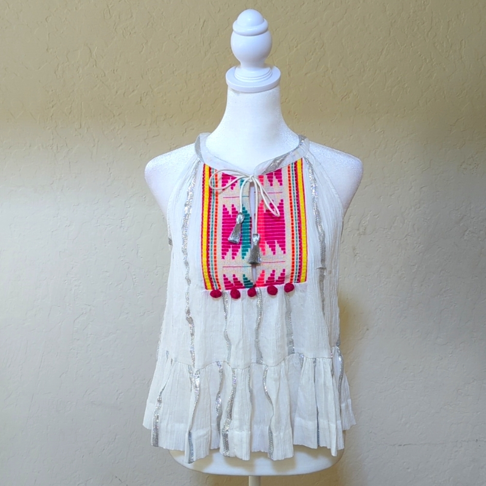 SAYLOR Skye White Gauzy Split Neck Tassel Tie Embroidered Tank Top Size XS